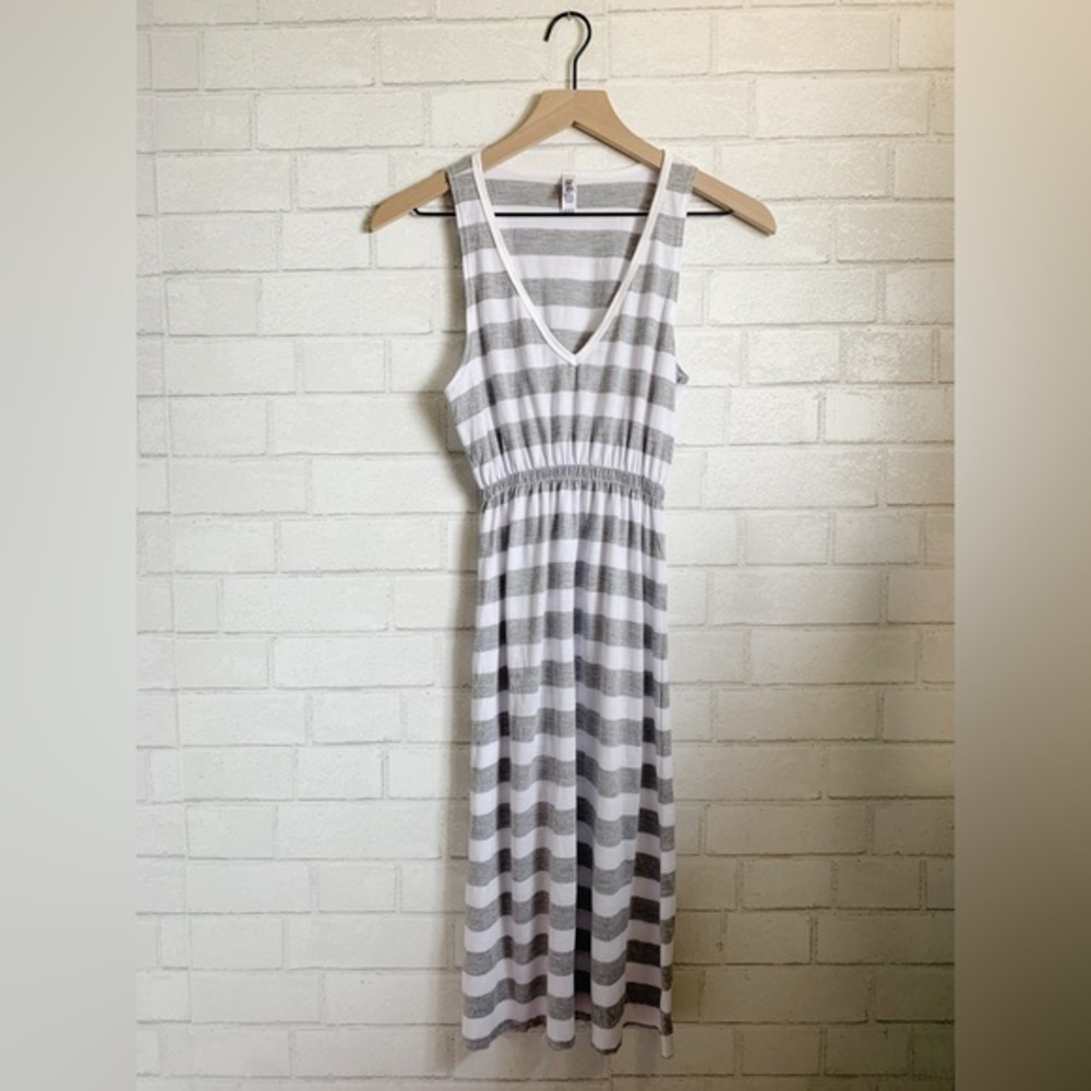 Bella Semi Sheer V-Neck Striped Gray and White Sleeveless Sundress